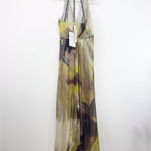 Hoaglund Green Brown 100% Silk Whimsical Earth tone Flowy Halter Maxi Dress NEW - Picture 8 of 16